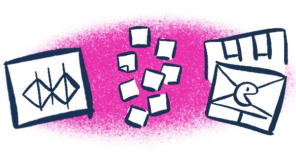 Sobre um fundo rosa vemos 3 exemplos de ferramentas visuais muito utilizadas no Design Thinking. Um esquema de duplo diamante para ilustrar o processo, um conjunto de post-its como ferramenta colaborativa e finalmente alguns canvas, como ferramentas para facilitar as atividades.