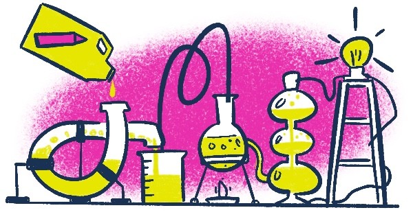 Sobre um fundo rosa vemos a ilustração de uma complexa instalação de laboratório químico com vários tubos, ampolas, e compartimentos. Do lado esquerdo, no início da instalação, vemos uma garrafa semelhante a aditivo de gasolina, com um lápis no rótulo, vertendo Pensamento Visual no sistema. Na outra ponta, do lado direito, vemos uma lâmpada se acendendo